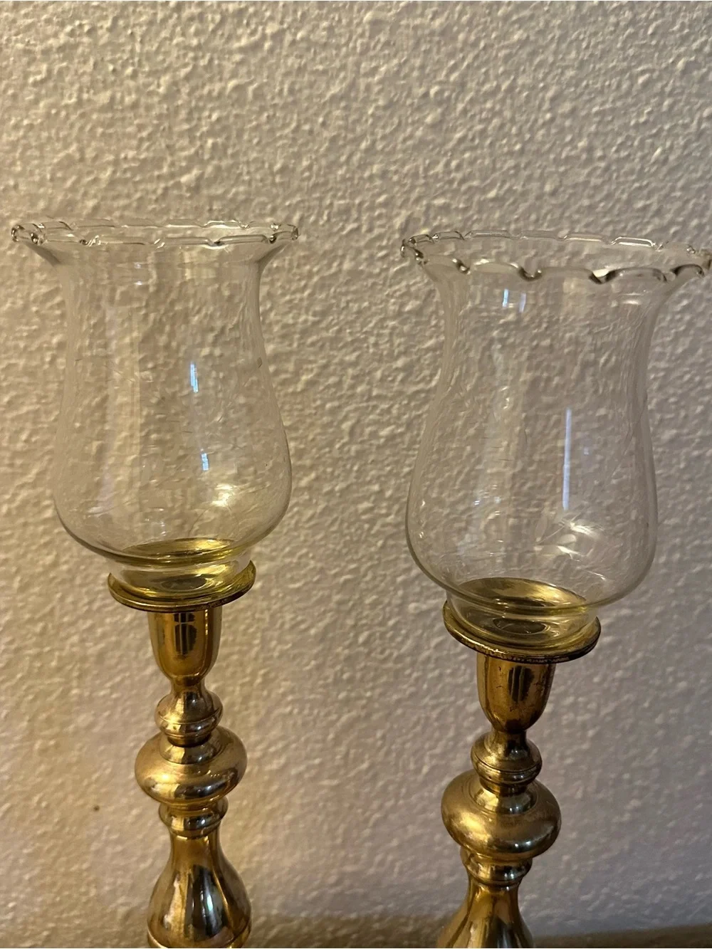 MCM 10” Tall antique brass candle holders with votive cups